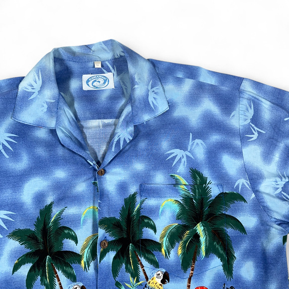 Vintage Hawaiian Shirt Adult LARGE Blue Go Hawaii Aloha Parrot Beach Surf 80s - Picture 2 of 9